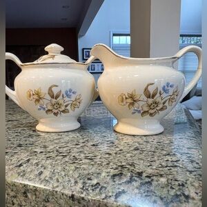 Antique Hand Painted Creamer And Sugar Gold And Blue Daffodil Blue Bell Print